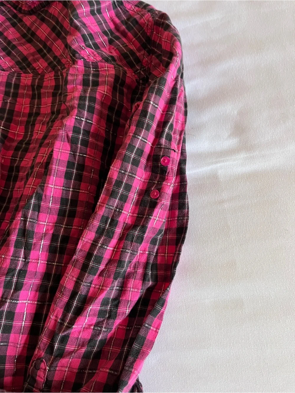 Justice Pink & Black Plaid Metallic Flannel Button Up Shirt Ruffle Size 14